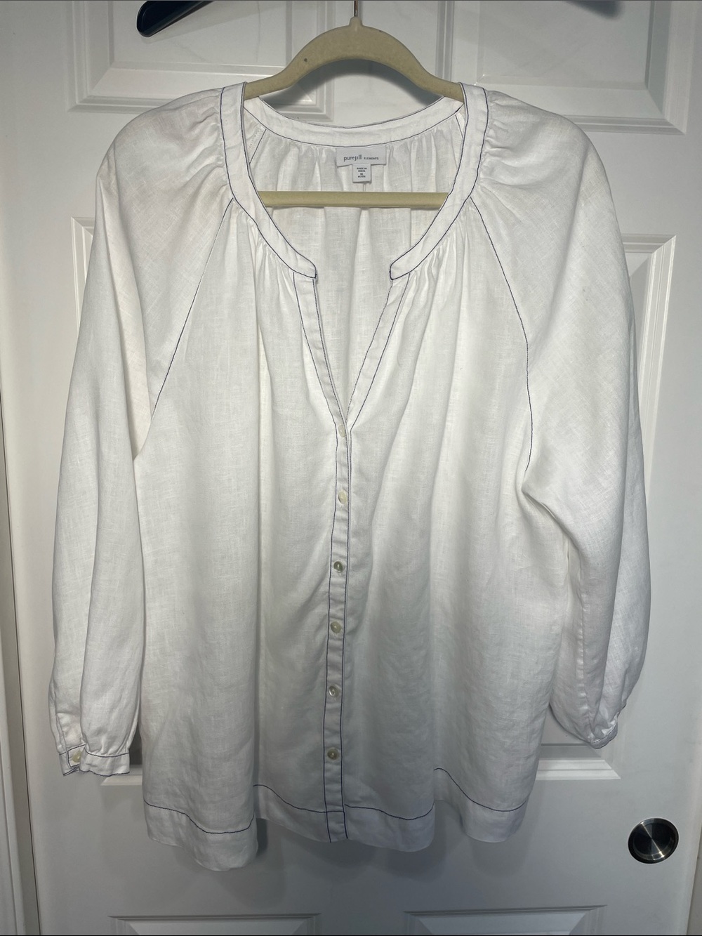 J. Jill Linen Button Up Shirt Size XL Petite V Neck Long Sleeve White Stitching